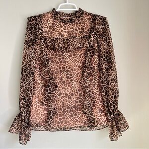 Rachel Parcell Women’s Animal Print Long Sleeve Ruffle Work Blouse Size XS